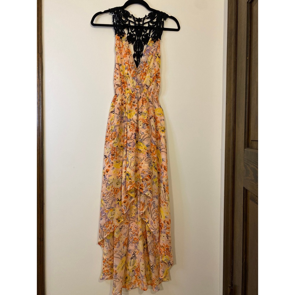 Double Zero‎ Floral Hi-Lo Maxi Dress Peach Orange Crochet Lace Back Small